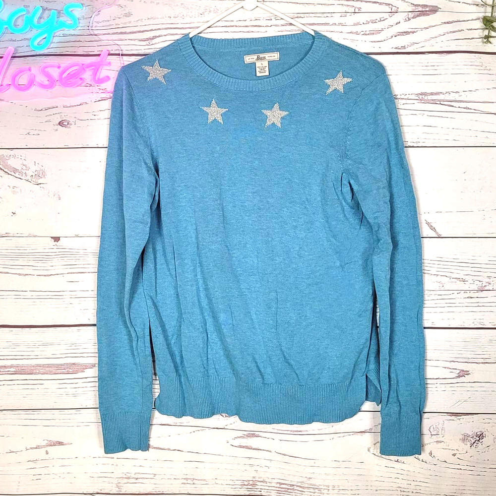 Y2K Vibes Teal Blue Crew Neck Star Graphic Print Pullover Sweater Womans Small